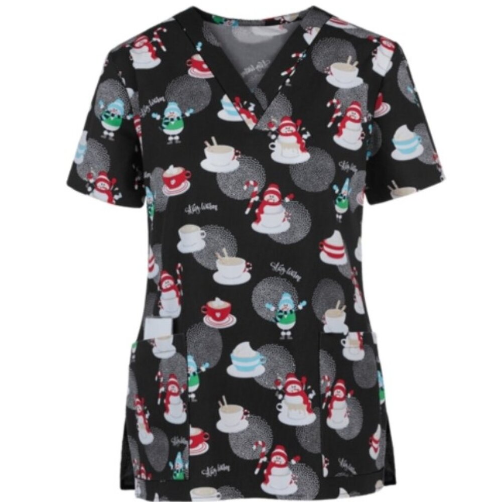 Let it Snowmen Black Printed Women's 3-Pocket V-Neck Scrub Top